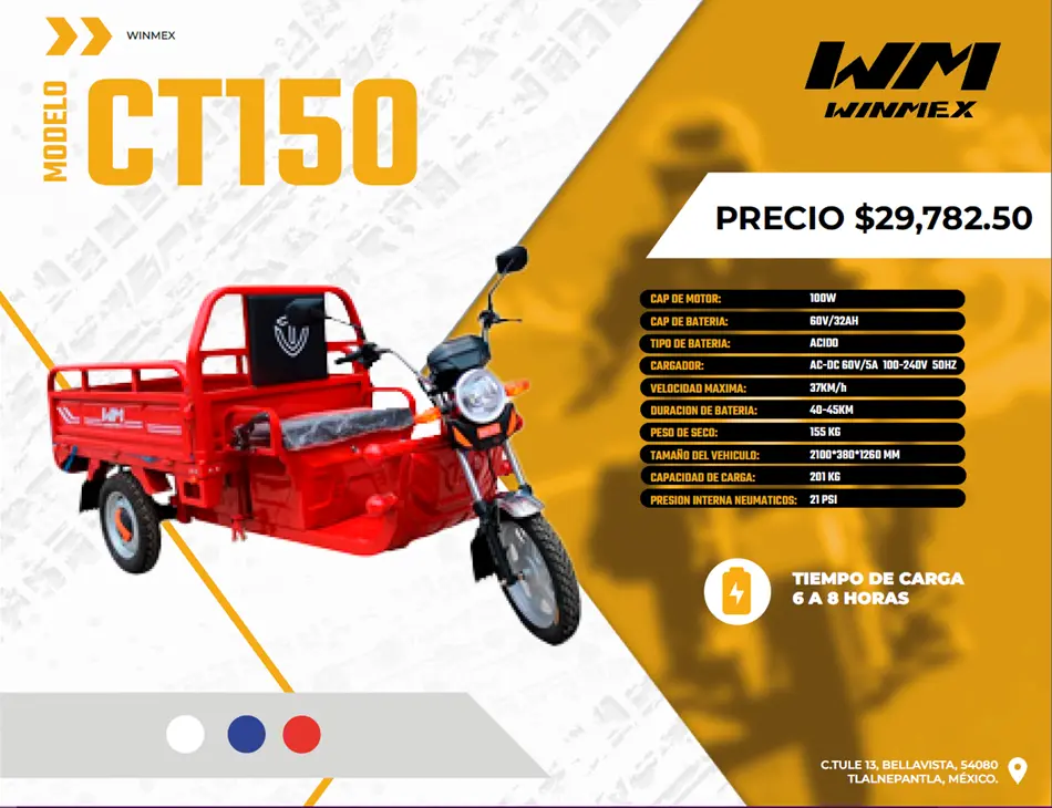Motocarro Electrico  Mod. CT150, Color Rojo