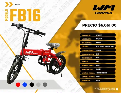 [BCIE-FB16-024] Bicicleta Electrica  Mod. FB16, Color Negro